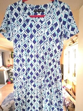 BARBARA ERICKSON ZS Navy and Aqua Geometric Short Sleeve Dress